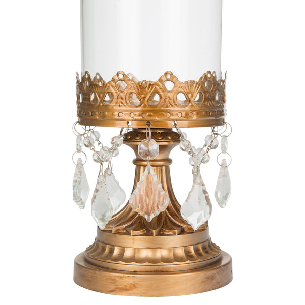 Crystal-Draped 12.75" Hurricane Candle Holder | Gold | Victoria Collection