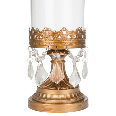 Crystal-Draped 12.75" Hurricane Candle Holder | Gold | Victoria Collection