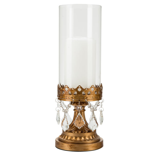Crystal-Draped 12.75" Hurricane Candle Holder | Gold | Victoria Collection